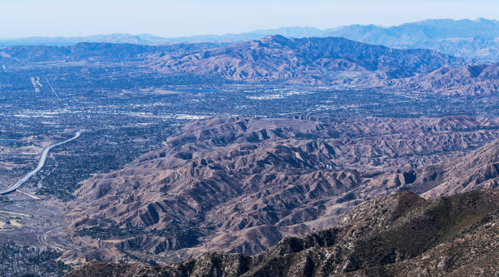 Aerial view towards Sylmar and Pacoima in the San Fernando Valley area of Los Angeles California.